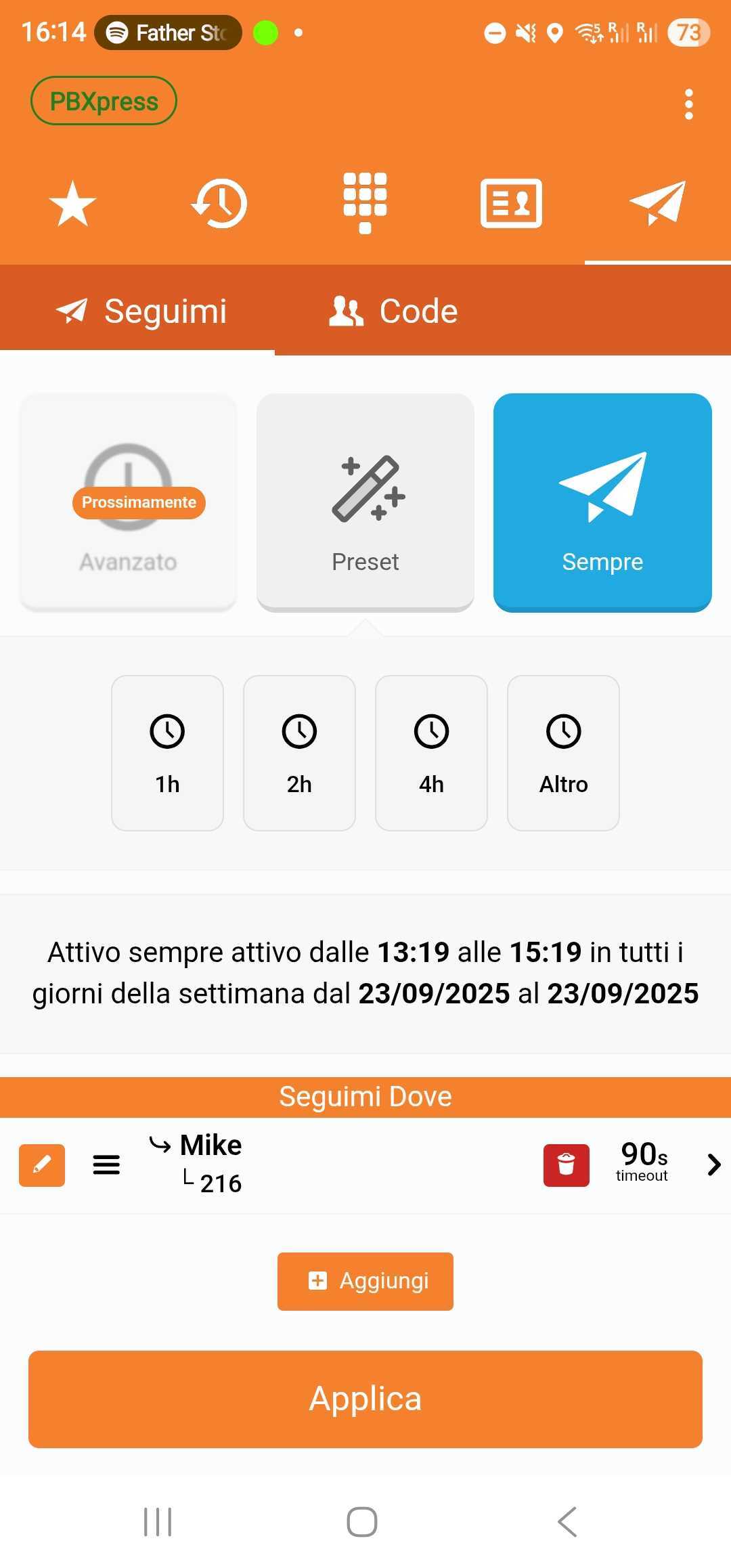 Workflow Seguimi nell'app PBXpress Mobile